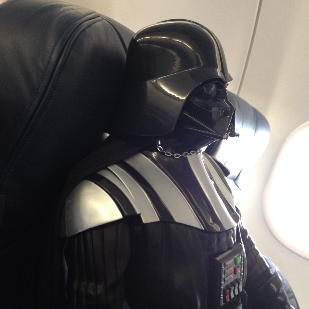 Darth Vader, my cool seat mate...until his owner proved to be the drunkest guy on the flight.