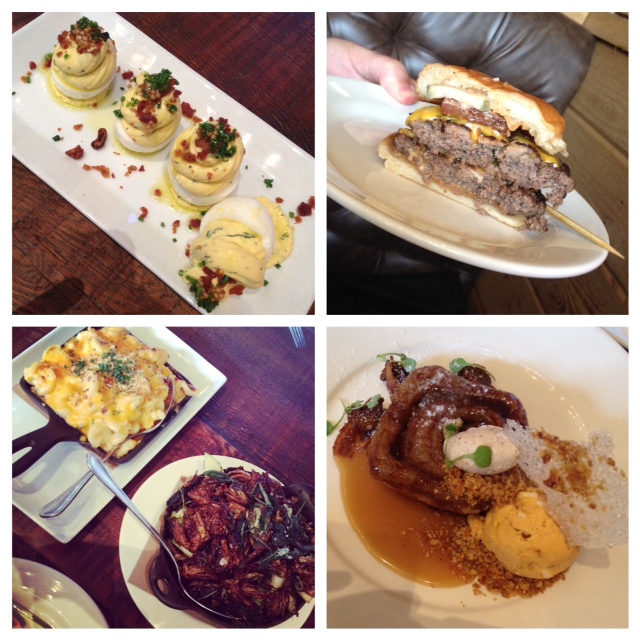 Our Swine Lunch: deviled eggs, the burger, mac & cheese, brussels sprouts, & warm sticky icky bun